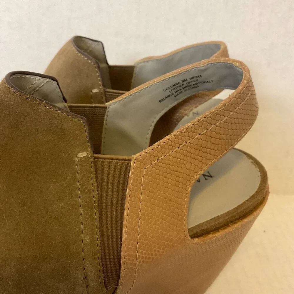 Naked Feet Platform Shoes 9M Beige Taupe Slingback Peep Toe Leather Suede